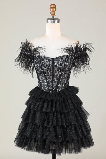 Sparkly Beaded Corset A-Line Black Short Formal Dress with Feathers